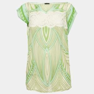 مملوكة مسبقًا Just Cavalli Green Printed Lace Trim Silk Top L