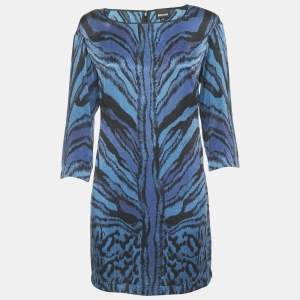 Pre Owned Just Cavalli Blue Animal Print Silk Long Sleeve Mini Dress M