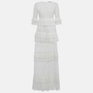 Pre Owned Just Cavalli White Lace Ruffle Detail Tiered Maxi Dress S