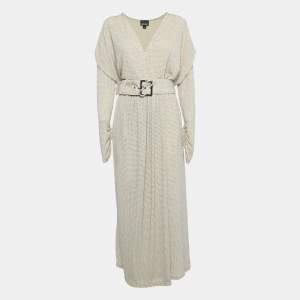 Pre Owned Just Cavalli Cream Lurex Knit Belted Maxi Dress L