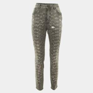 Pre Owned Just Cavalli Grey Denim Stud Embellished Slim High Waist Jeans M/Waist 30"