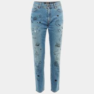 Pre Owned Just Cavalli Blue Doodle Print Denim Slim Fit Jeans M/Waist 30"