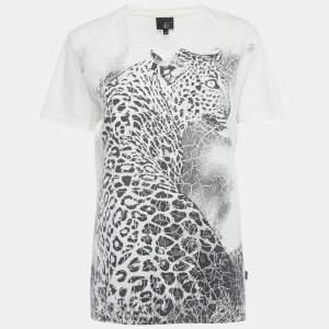 Pre Owned Just Cavalli White Printed Cotton Distressed V-Neck T-Shirt L 