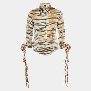 مملوكة مسبقًا Just Cavalli Brown /Black Animal Print Satin Tie Up Sleeves S
