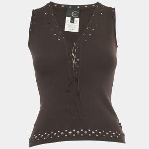 مملوكة مسبقًا Just Cavalli Brown Knit Tie Detail Sleeveless Top XS