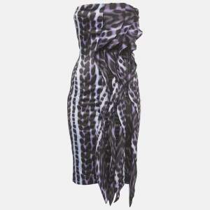 Pre Owned فستان جاست كافالي ساتان بتمدد بدون حمالات بطبعة فهد أرجواني صغير