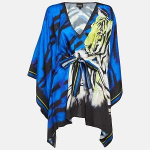 Pre Owned Just Cavalli Blue Tiger Print Satin Belted Kaftan Tunic S 