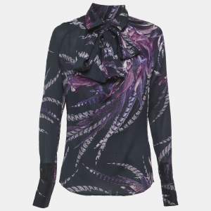 Pre Owned بلوزة جست كافالي حرير مطبوعة بالزهور بنفسجية مقاس متوسط