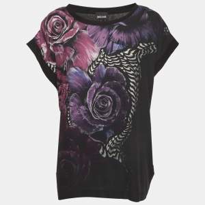 Pre Owned Roberto Cavalli Black Floral Print Jersey T-Shirt L