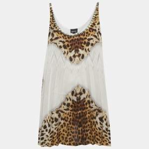 Pre Owned Just Cavalli Off- White Animal Printed Knit and Satin Tank Top M