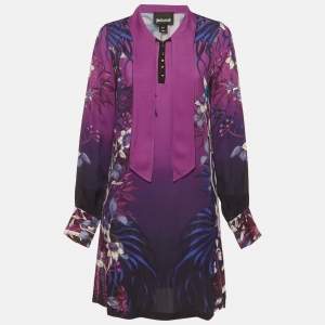 Pre Owned Just Cavalli Purple Printed Crepe Neck Tie Detail Mini Dress M