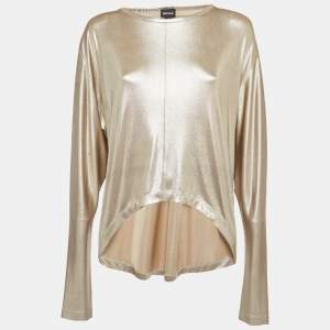 مملوكة مسبقًا بلوزة ذات حاشية غير متساوية معدنية ذهبية بأكمام طويلة من جيرسي جاست كافالي مقاس متوسط - ميديم