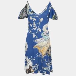 Pre Owned Just Cavalli Blue Printed Jersey Knee Length Dress L
