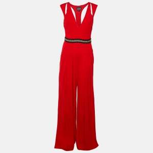 Pre Owned Just Cavalli Red Jersey Pleated Jumpsuit M