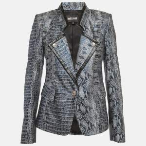 Pre Owned Just Cavalli Metallic Blue Snakeskin Jacquard Blazer M