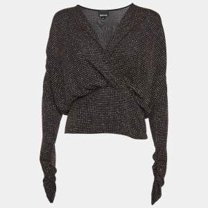 Pre Owned Just Cavalli Black Glitter Print Knit Faux Wrap Top M