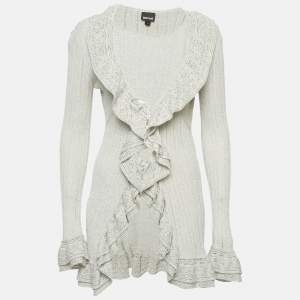Pre Owned Just Cavalli Metallic Grey Lurex Knit Ruffle Cardigan L