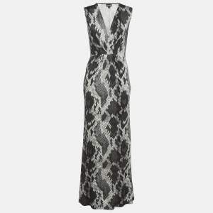 مملوكة مسبقًا Just Cavalli Monochrome Snake Effect Jersey Ruched Maxi Dress M