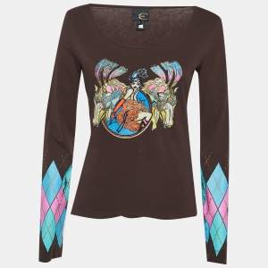 Pre Owned Just Cavalli Brown Graphic Print Argyle Patterned Sleeves Top L