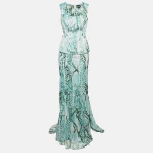 Pre Owned Just Cavalli Green Snakeskin Print Satin Sleeveless Top and Maxi Skirt Set M