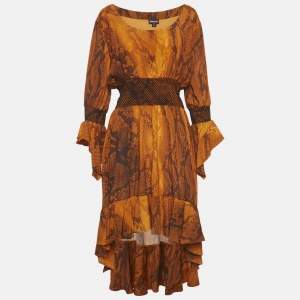 Pre Owned Just Cavalli Orange Snake Skin Print Crepe Asymmetric Hem Midi Dress M
