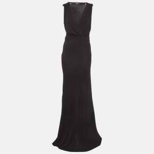 مملوكة مسبقًا فستان ماكسي جست كافالي قماش جرسي أسود بزينة على شكل ثعبان درابيه مقاس متوسط (ميديوم)
