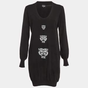 Pre Owned Just Cavalli Black Logo Intarsia Knit Sweater Dress L