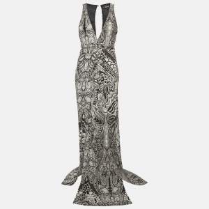 Pre Owned Just Cavalli Black & White Printed Jersey Cut Out Detail Maxi Dress M