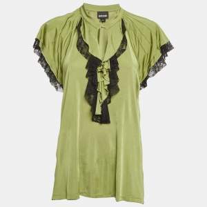 Pre Owned Just Cavalli Green Jersey & Black Lace Tunic M