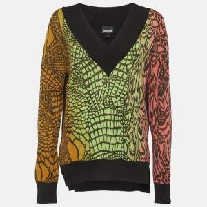 Pre Owned Just Cavalli Multicolour Animal Pattern Knit V-Neck Sweater L
