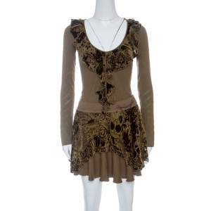 Pre Owned Just Cavalli Brown Knit Burnout Velvet Flounce Detail Top and Skirt Set M