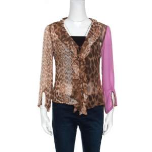 Pre Owned Just Cavalli Leopard Printed Sheer Criss Cross Tie Up Detail Ruffled Blouse M