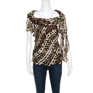Pre Owned Just Cavalli Dark Brown Leopard Print Silk Draped Cowl Neck Top S
