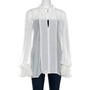 Just Cavalli White Crepe Ruffled Cuff Lace Neck Trim Detail Studded Blouse M