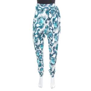 Just Cavalli White and Blue Shell Printed Draped Tie Detail Pants M