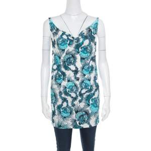Pre Owned Just Cavalli White and Blue Shell Printed Cowl Neck Sleeveless Top L