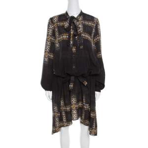 Pre Owned Just Cavalli Black Geometric Print Belted Long Sleeve Dress M