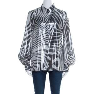 Pre Owned Just Cavalli Metallic Black and White Silk and Lurex Animal Print Shirt M