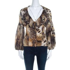 Pre Owned Just Cavalli Brown Leopard Print Chiffon Ruffle Collar Detail Blouse M 