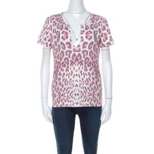 Just Cavalli Multicolor Leopard Print Slit Neck T-Shirt S