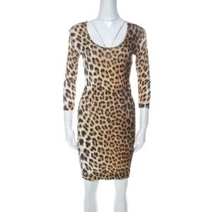 Pre Owned Just Cavalli Multicolor Leopard Print Fitted Three Quarter Sleeve Dress S