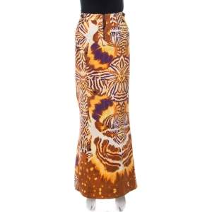 Pre Owned Just Cavalli Orange and Purple Animal Printed Denim Maxi Skirt L 