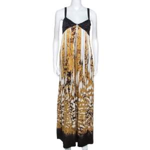 Just Cavalli Multicolor Printed Silk Pleated Bodice Detail Maxi Dress L