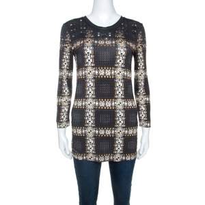 Pre Owned Just Cavalli Black Printed Knit Stud Embellished Long Sleeve Top  M