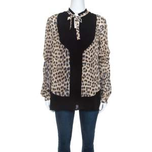 Just Cavalli Beige Leopard Print Silk Contrast Trim Detail Blouse S