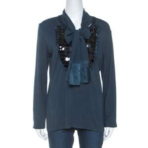 Pre Owned Just Cavalli Teal Sequin Detail Tie Neck Long Sleeve Top L