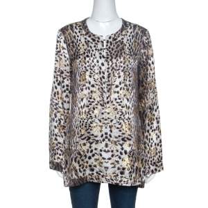 Pre Owned Just Cavalli Beige Leopard Print Silk Lurex Jacquard Detail Blouse M