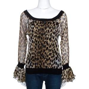 Just Cavalli Brown Leopard Printed Chiffon Rib Trim Detail Top M 