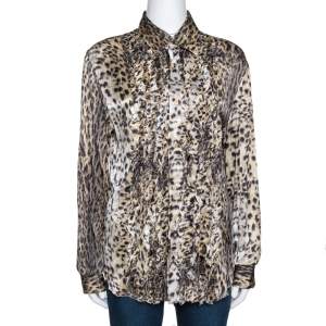 Just Cavalli Beige Animal Print Silk Ruffle Front Long Sleeve Shirt L