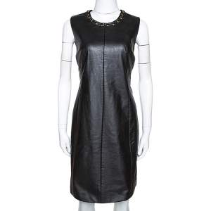 Pre Owned Just Cavalli Black Faux Leather Embellished Neck Dress L